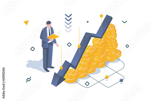 Unemployment crisis concept in 3d isometric design. Man analysis company budget with arrows chart down, financial problem and bankrupt. Vector illustration with isometric people scene for web graphic