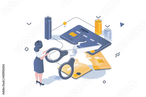 Unemployment crisis concept in 3d isometric design. Woman cutting credit cards, loses her savings, bankruptcy and financial problem. Vector illustration with isometric people scene for web graphic