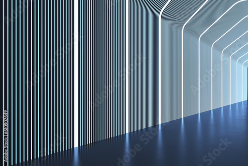 Luxury futuristic blue corridor with reflections. Designs concept. 3D Rendering.