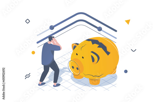 Unemployment crisis concept in 3d isometric design. Upset man sees destroy of his piggy bank and losing savings, has financial problem. Vector illustration with isometric people scene for web graphic