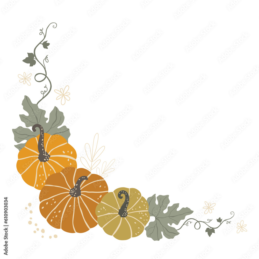 Naklejka premium Autumn pumpkin and leaves corner. Fall season frame. Hand drawing flat vector illustration.
