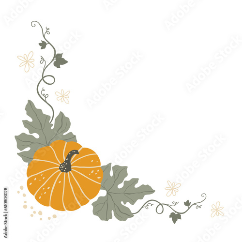 Autumn pumpkin and leaves corner. Fall season frame. Hand drawing flat vector illustration.