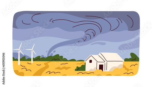 Tornado swirl, twister, vortex over land. Nature landscape, wind weather with damaging hurricane twirl. Typhoon whirlwind at countryside. Calamity, natural cataclysm. Flat vector illustration