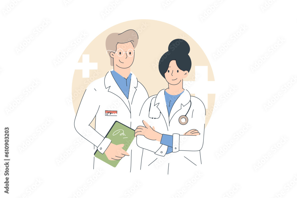 Friendly Male and Female Doctors. Hand drawn Friendly Male and Female Doctors. Hand drawn