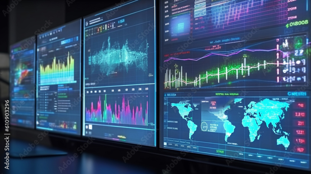 Analytical perspective: Monitor screen displaying digital analytics data visualization and financial schedule in a dynamic view. Generative AI