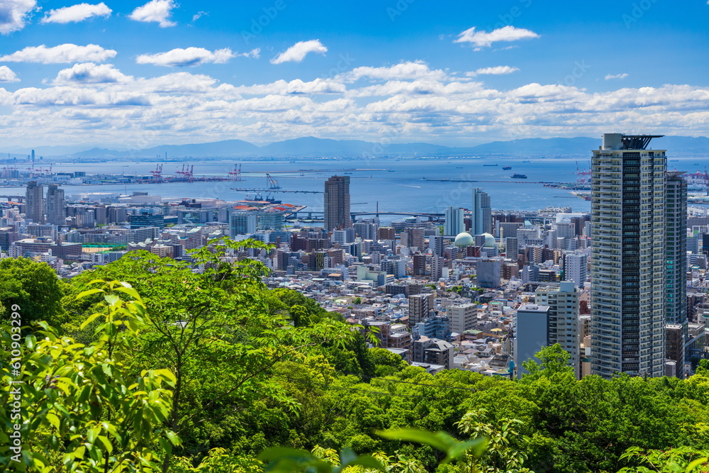 Fototapeta premium 六甲山から眺める新緑と神戸の街（中央区・灘区の街並み・左前方に六甲アイランドが見えます）