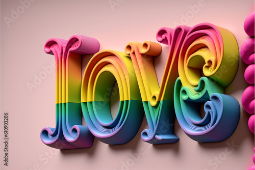 Schriftzug Buchstaben in 3D Text mit Wort LOVE zum Valentinstag und Muttertag für verliebte Menschen, ai generativ