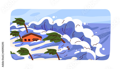 Flood, tsunami landscape. Natural disaster, catastrophe with water waves overflowing. Nature collapse, cataclysm, destruction, devastation of house, property, trees. Flat vector illustration