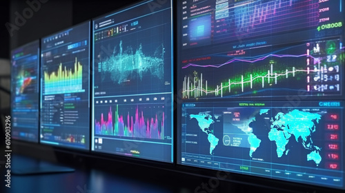 Analytical perspective  Monitor screen displaying digital analytics data visualization and financial schedule in a dynamic view. Generative AI