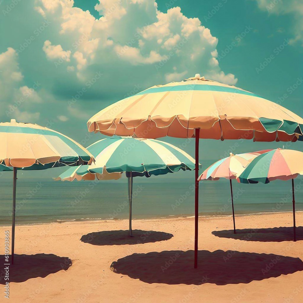Beach umbrellas set relaxing in the sun Generative AI