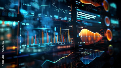 Dynamic financial visualization  Monitor screen perspective showcasing digital analytics data and financial schedule. Generative AI