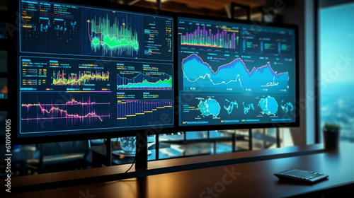 Enriched data monitoring: Monitor screen perspective displaying digital analytics visualization and financial schedule. Generative AI