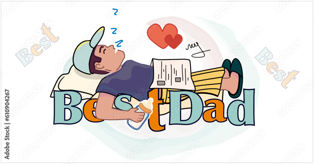 the best dad, sleeping tired with a bottle of milk, cartoon illustration isolated on a white background the best dad, sleeping tired with a bottle of milk, cartoon illustration isolated on a white background
