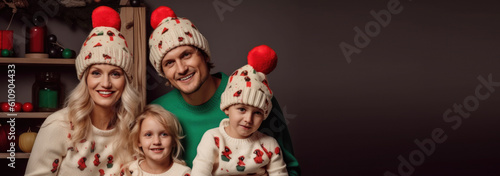 Parents with kids wearing Santa hats, knitted sweaters at home. Generative ai