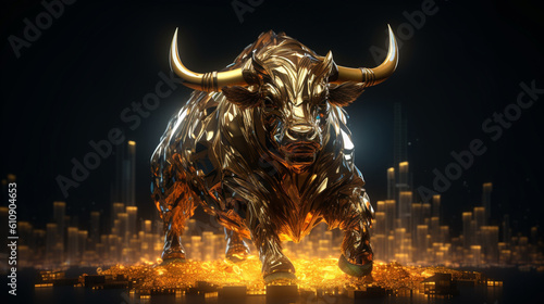 Lustrous light enveloping the formidable presence of the Bitcoin bull Generative AI photo
