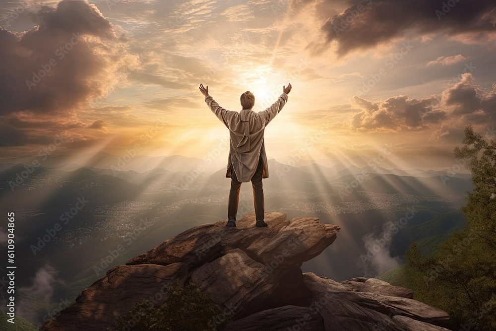 Man standing on top of the mountain and looking at the valley,The man thank God on the mountain.Generative Ai Man standing on top of the mountain and looking at the valley,The man thank God on the mountain.Generative Ai