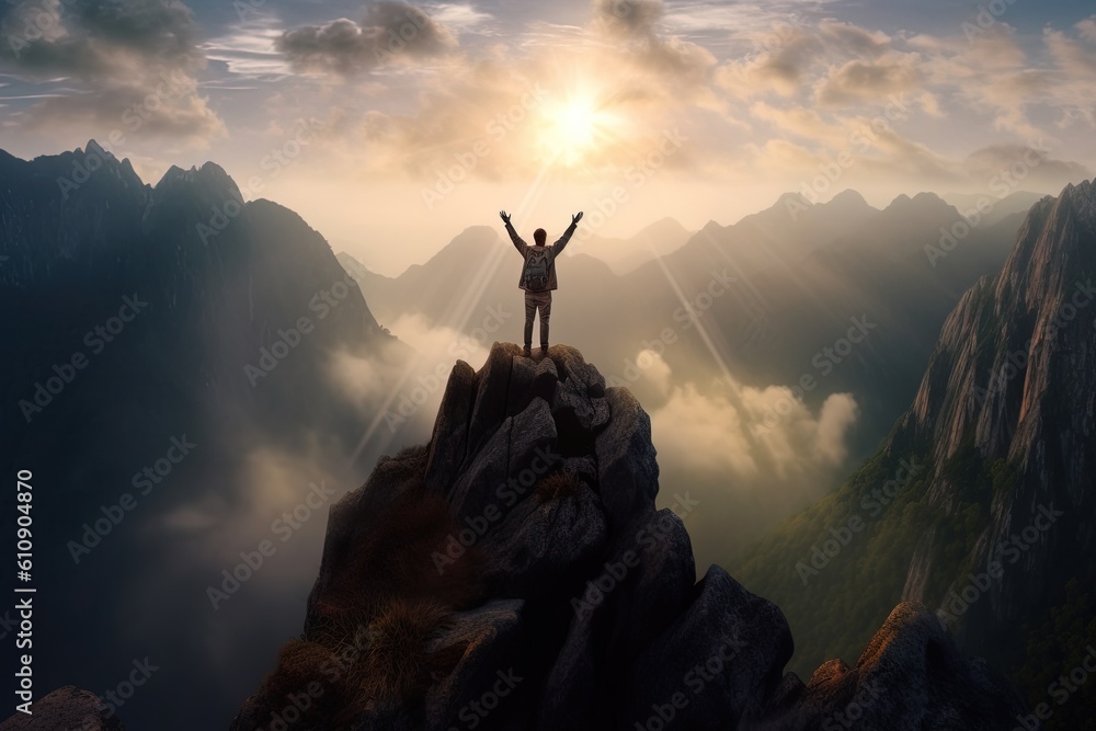 Man standing on top of the mountain and looking at the valley,The man thank God on the mountain.Generative Ai