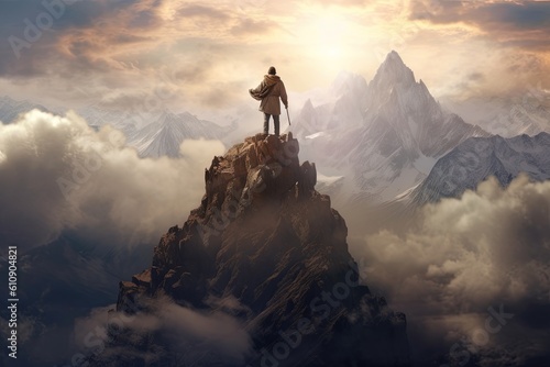 Man standing on top of the mountain and looking at the valley The man thank God on the mountain.Generative Ai