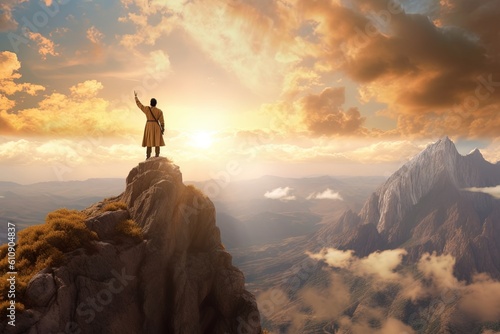 Man standing on top of the mountain and looking at the valley The man thank God on the mountain.Generative Ai