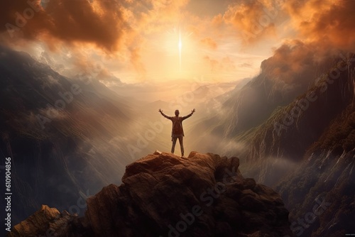 Man standing on top of the mountain and looking at the valley,The man thank God on the mountain.Generative Ai