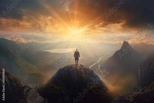 Man standing on top of the mountain and looking at the valley,The man thank God on the mountain.Generative Ai © Rudsaphon