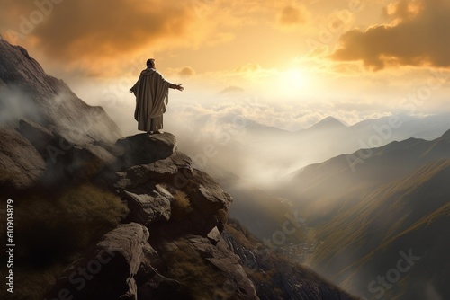 Man standing on top of the mountain and looking at the valley,The man thank God on the mountain.Generative Ai