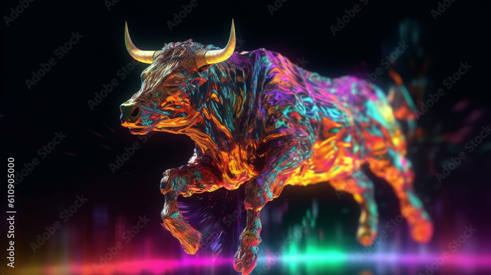 Vibrant Bitcoin bull infused with electrifying power and luminous light. Generative AI
