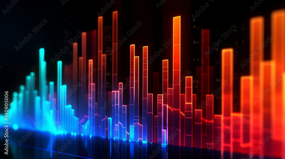 Vibrant data symphony: Charts and graphs aglow, reflecting light and flare. Generative AI