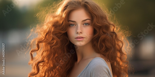 Hübsche rothaarige junge Frau mit locken im Sonnenlicht blickt, ai generativ photo
