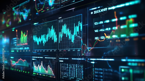 Visualizing financial trends: Monitor screen perspective showcasing digital analytics data visualization and financial schedule. Generative AI