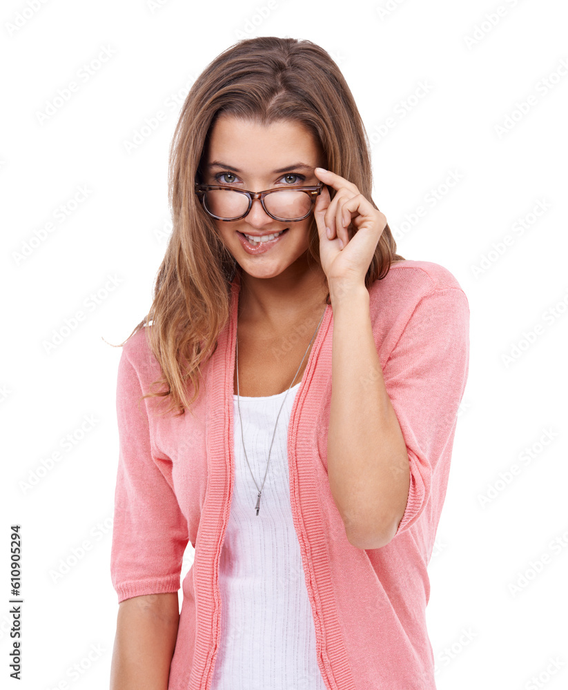 Portrait, smile and glasses with a model woman isolated on a transparent background for eyewear fashion. Happy, cute or style with a young customer at the optician for prescription lenses on PNG Portrait, smile and glasses with a model woman isolated on a transparent background for eyewear fashion. Happy, cute or style with a young customer at the optician for prescription lenses on PNG