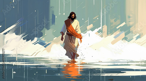 Colorful painting portrait art of Jesus walking on the water. Christian illustration. Generative AI.