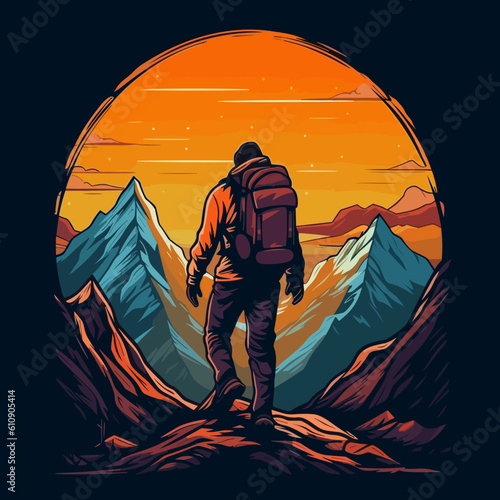 A climber walking through nature. Alpine hiking. white background, label, sticker