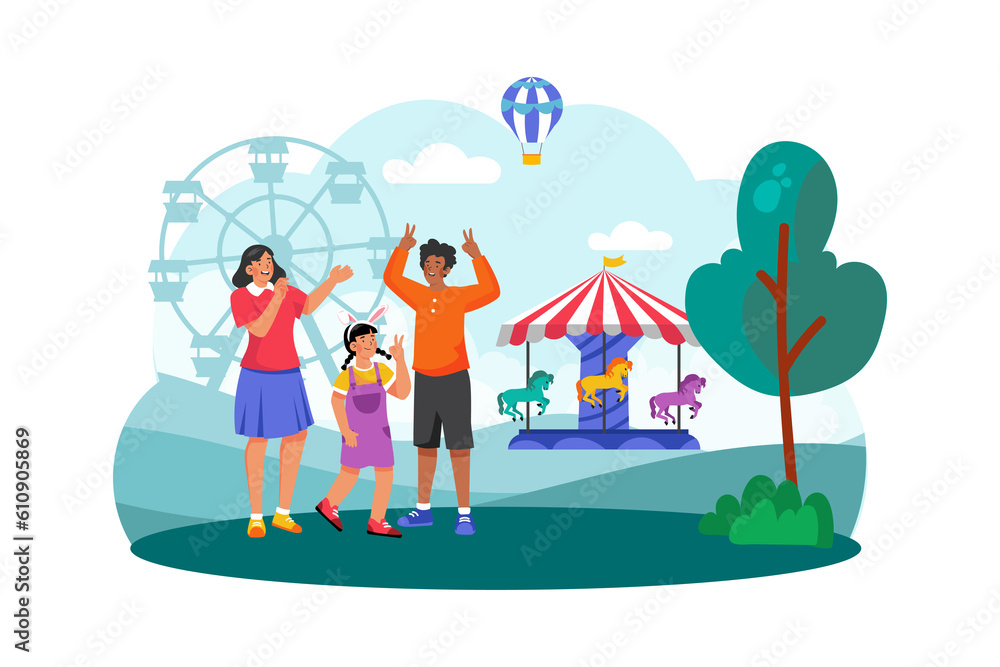 Family visits an amusement park for morning fun.