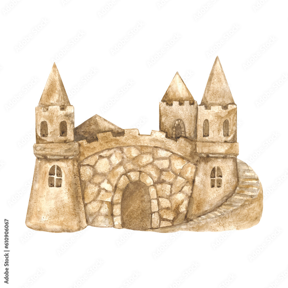 Golden sand castle, watercolor illustration isolated on transparent background
