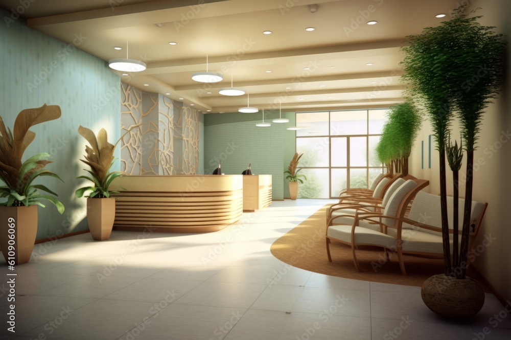 Fototapeta premium reception area of a wellness center, with aloe vera motifs, natural materials, and a soothing color palette, conveying a sense of healing and rejuvenation to visitors. Generative Ai