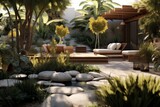 Outdoor patio space with aloe vera plants, comfortable seating, and a Zen garden-inspired design, providing a serene and tranquil environment for relaxation and contemplation. Generative Ai