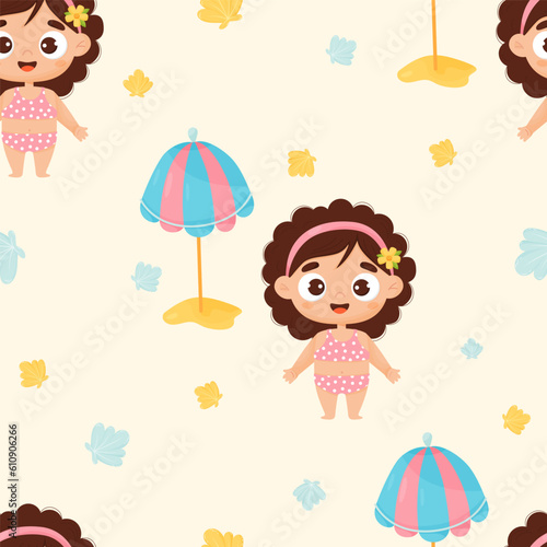 Summer kids seamless pattern. Cute beach girl in swimsuit with sun umbrella on light background with shells. Vector illustration in cartoon style