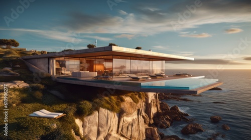 Modern minimalist villa perched on a cliff overlooking the ocean, with floor-to-ceiling windows that capture the panoramic views. Generative AI