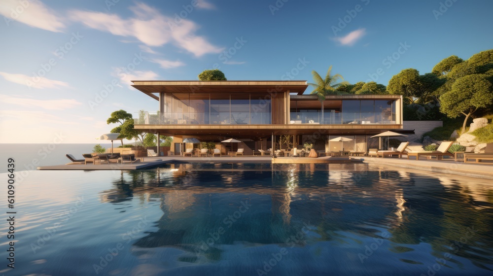 Luxurious villa with an infinity pool seamlessly merging with the vast expanse of the ocean, creating an atmosphere of relaxation and tranquility. Generative AI