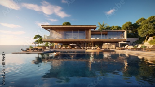 Luxurious villa with an infinity pool seamlessly merging with the vast expanse of the ocean, creating an atmosphere of relaxation and tranquility. Generative AI © bluebeat76