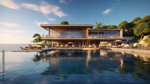 Luxurious villa with an infinity pool seamlessly merging with the vast expanse of the ocean, creating an atmosphere of relaxation and tranquility. Generative AI