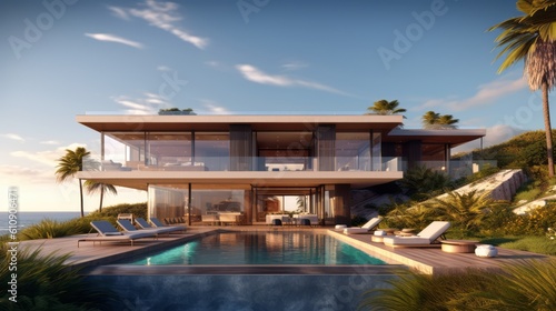 A contemporary image of a sleek and stylish villa with large glass windows, allowing abundant natural light and offering uninterrupted views of the ocean. Generative Ai