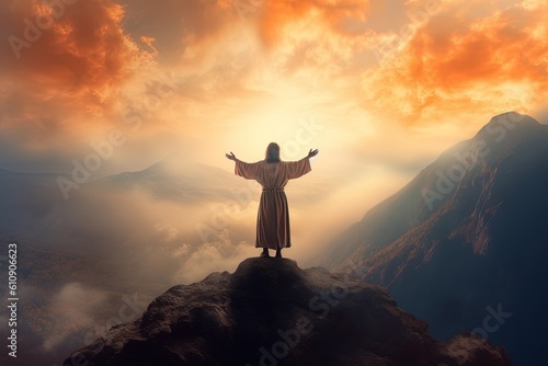 Man standing on top of the mountain and looking into the distance The man thank God on the mountain.Generative Ai
