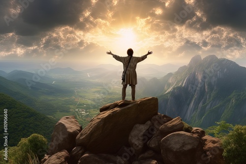 Man standing on top of the mountain and looking into the distance,The man thank God on the mountain.Generative Ai