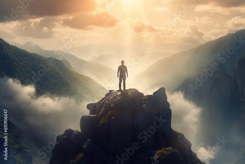 Man standing on top of the mountain and looking into the distance,The man thank God on the mountain.Generative Ai