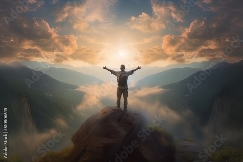 Man standing on top of the mountain and looking into the distance,The man thank God on the mountain.Generative Ai © Rudsaphon