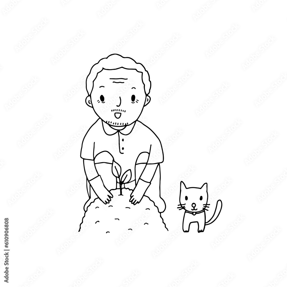 old man growing plants with cat, outline drawing style vector illustration old man growing plants with cat, outline drawing style vector illustration
