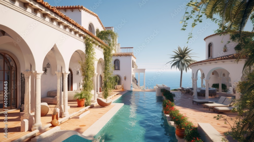 Elegant Spanish-style villa with a private path leading directly to the sandy shores, boasting beautiful terraces, colorful tiles, and a pristine infinity pool. Generative Ai