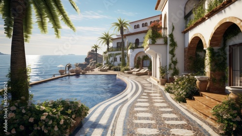 Elegant Spanish-style villa with a private path leading directly to the sandy shores, boasting beautiful terraces, colorful tiles, and a pristine infinity pool. Generative Ai © bluebeat76
